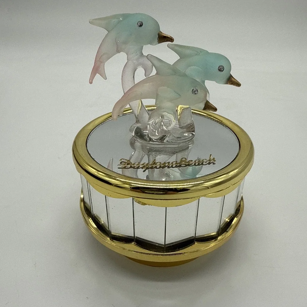 Vintage Glass Dolphin's Music Box Frosted Glass Plays 